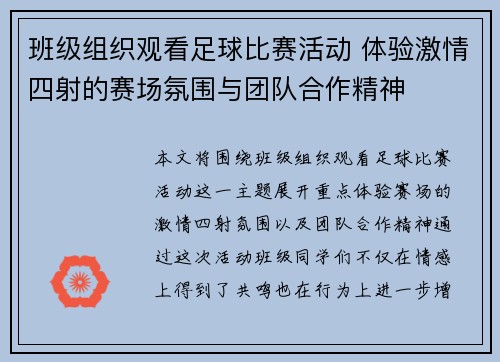班级组织观看足球比赛活动 体验激情四射的赛场氛围与团队合作精神